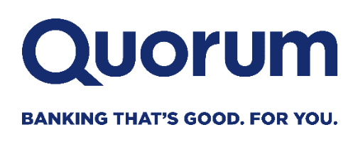 Quorum logo in dark blue that says banking that's good. For you.