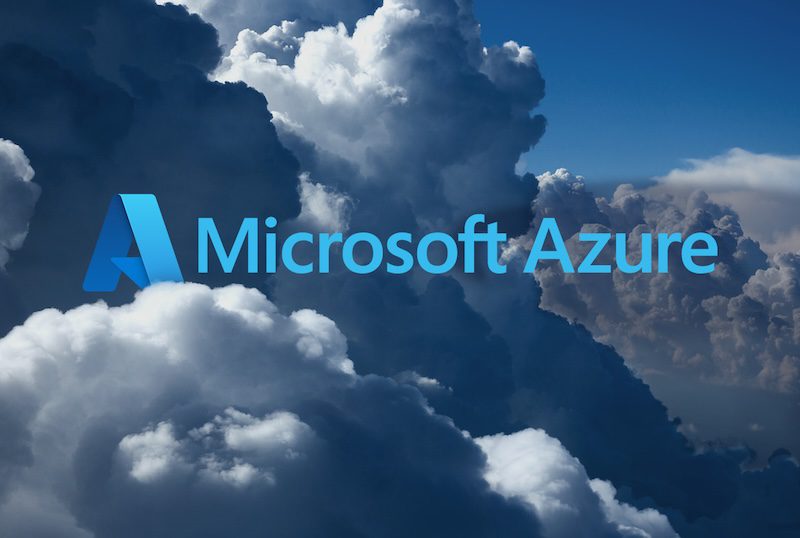 Microsoft Azure logo over a background of clouds.